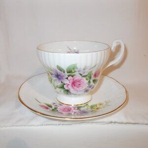 Royal Minister bone china teacup & saucer with pink rose, yellow & purple flower